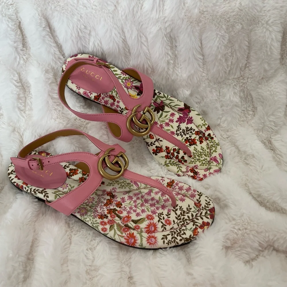 Gucci Pink Floral Leather T-Strap Sandals with Gold Double G - Picture 1 of 6